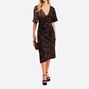 4SI3NNA Black Floral Side-Ruched Split Decision Surplice Midi Dress